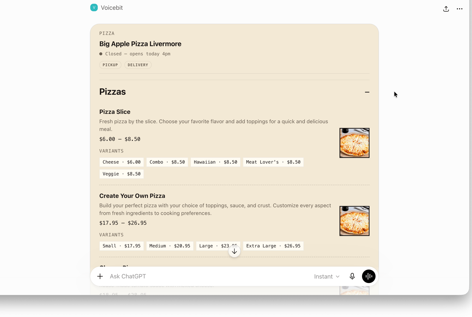 A restaurant's live menu with items, prices, and variants surfaced directly inside a ChatGPT conversation by VoiceBit