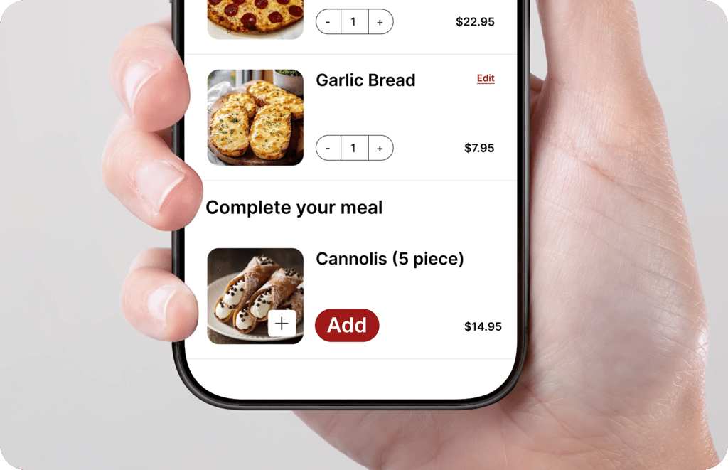 Cart suggesting cannolis to complete a pizza and garlic bread order