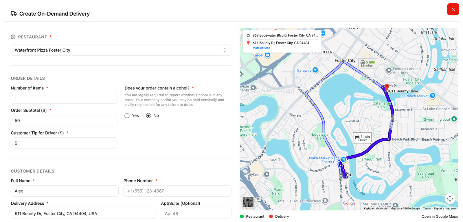 VoiceBit On-Demand Delivery Dashboard — create delivery orders