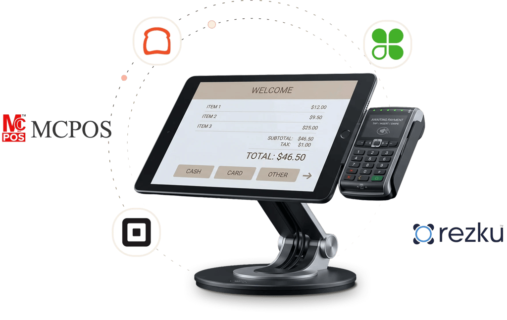 POS terminal connected to Toast, Clover, Square, MCPOS and Rezku