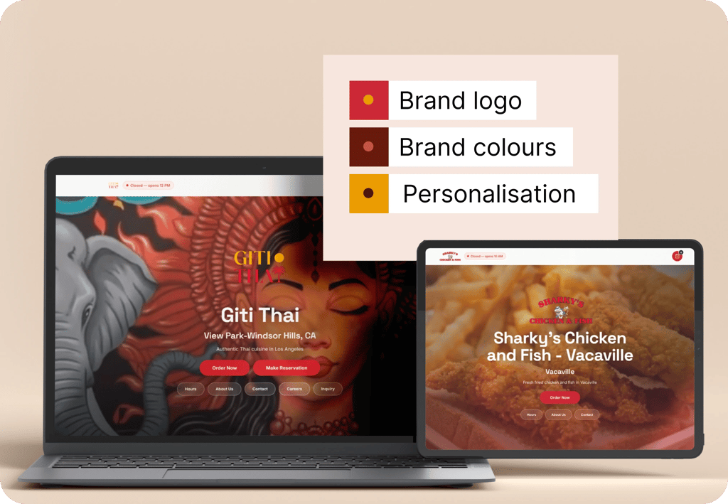 Branded ordering websites for Giti Thai and Sharky's Chicken and Fish, each with its own logo, colors and personalization