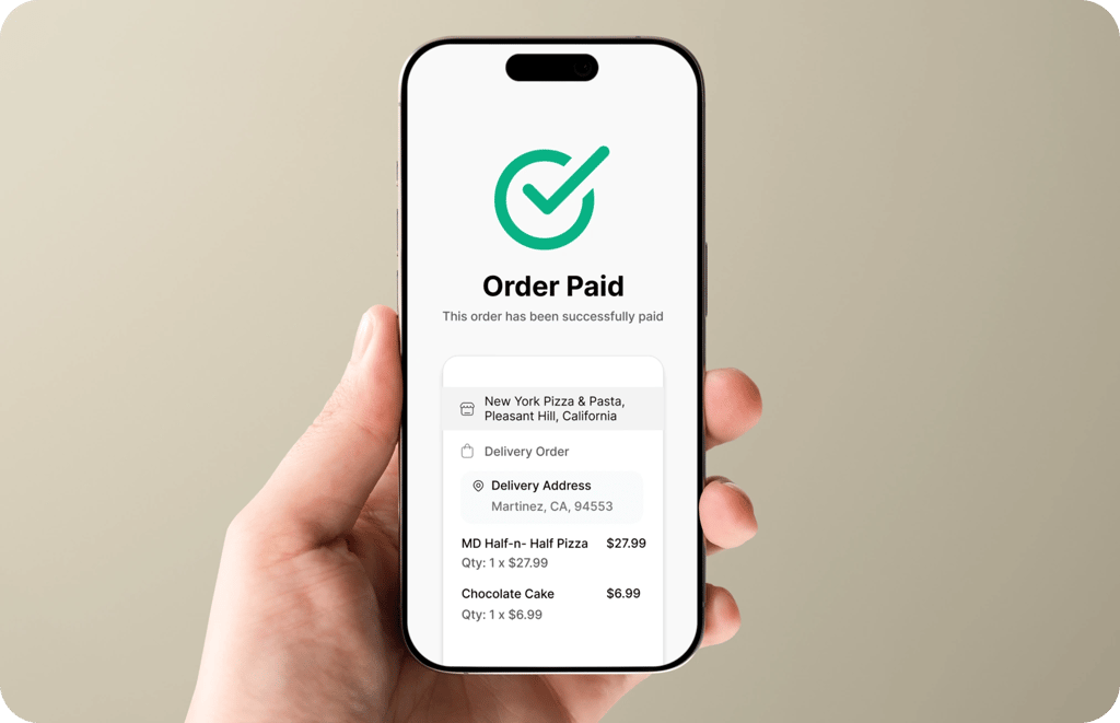 Phone showing a paid delivery order from New York Pizza & Pasta