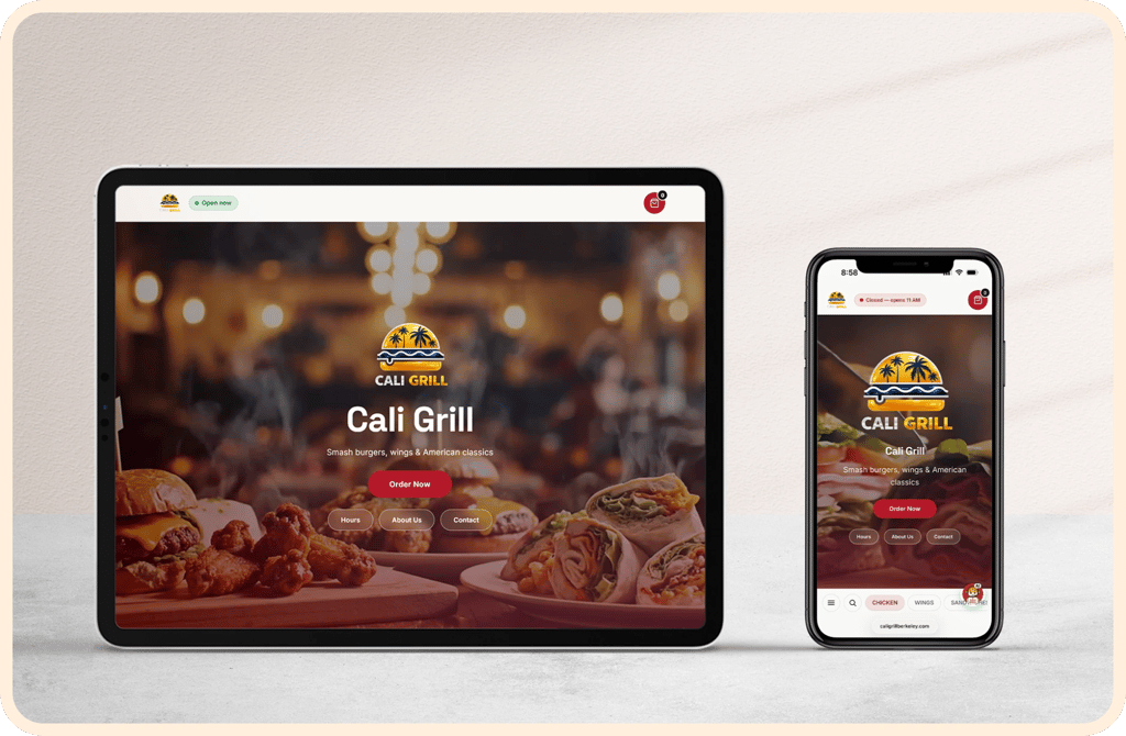 Cali Grill's VoiceBit ordering website on a tablet and a phone