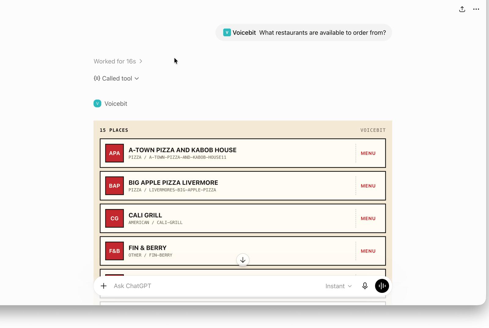 A list of nearby restaurants surfaced inside a ChatGPT conversation by VoiceBit, each with a link to its menu