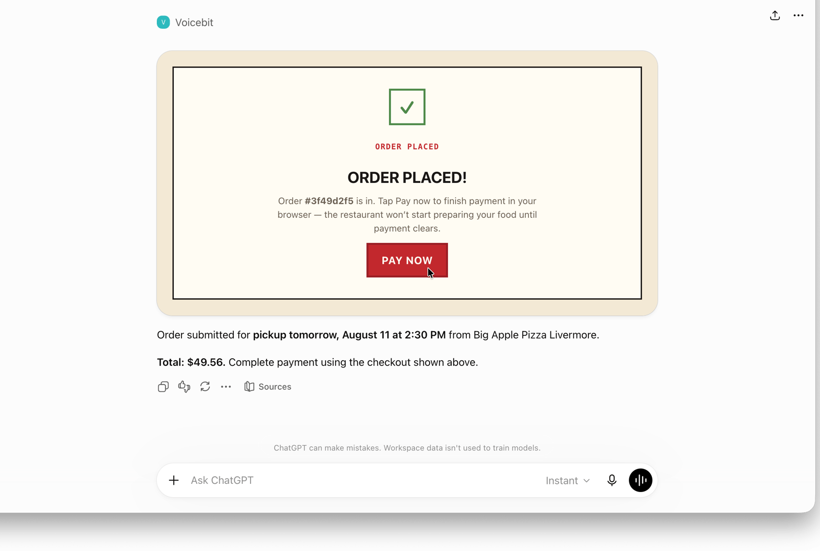 A VoiceBit order confirmation showing an order placed directly with the restaurant for scheduled pickup, with no delivery marketplace involved