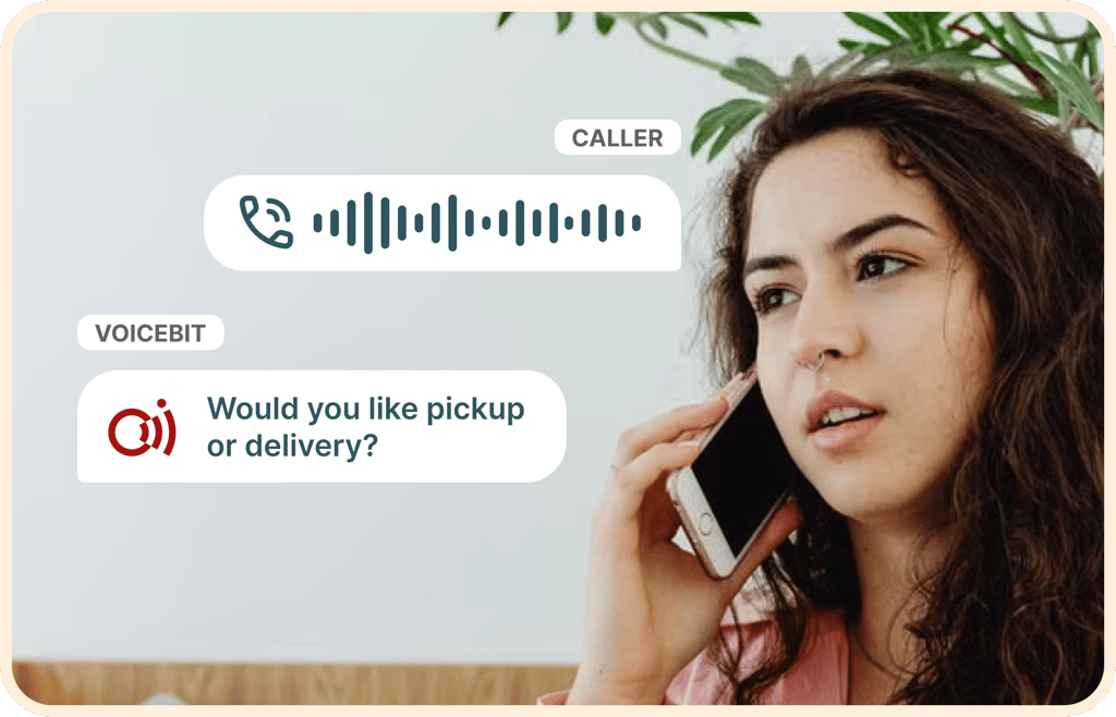 Customer calling a restaurant; VoiceBit asks: would you like pickup or delivery?