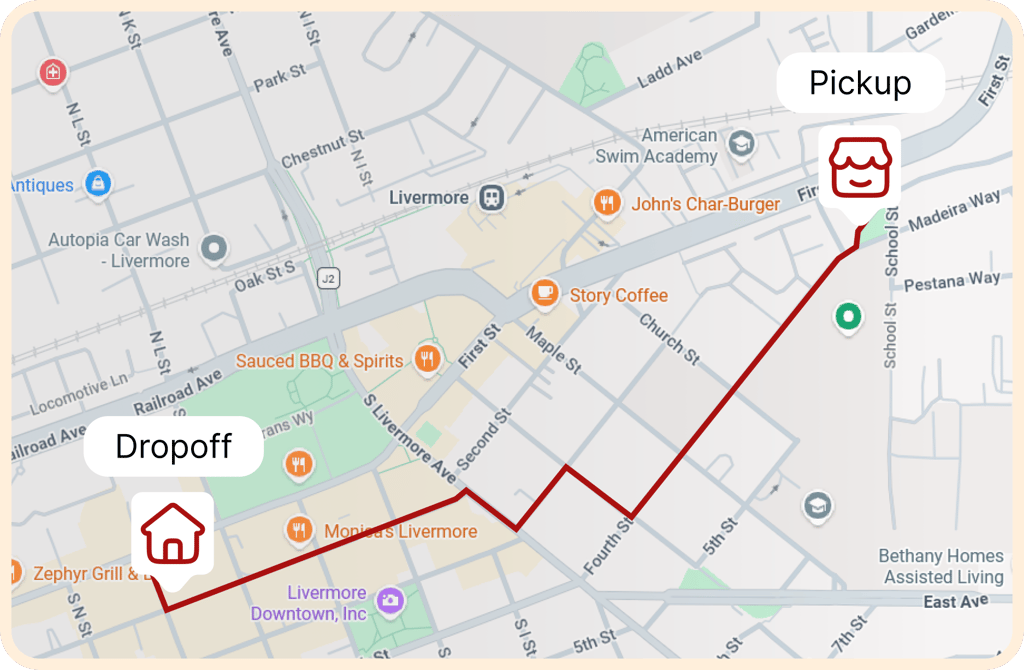 Delivery route on a map from restaurant pickup to customer drop-off