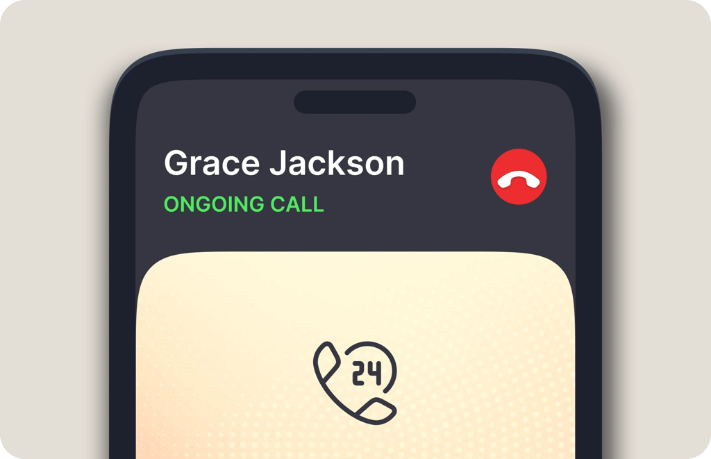 Phone showing an ongoing call answered 24/7