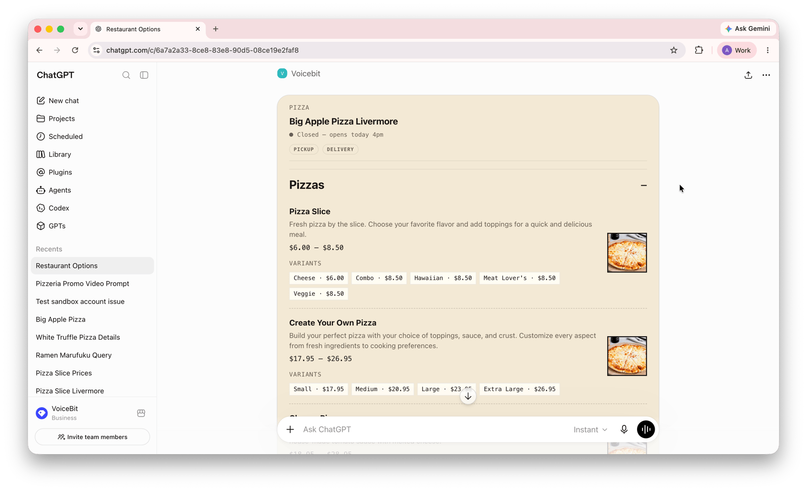 A restaurant's live menu with items, prices, and variants surfaced directly inside a ChatGPT conversation by VoiceBit