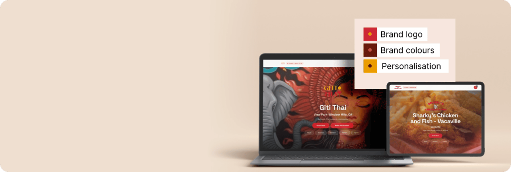 Branded ordering websites for Giti Thai and Sharky's Chicken and Fish, each with its own logo, colors and personalization