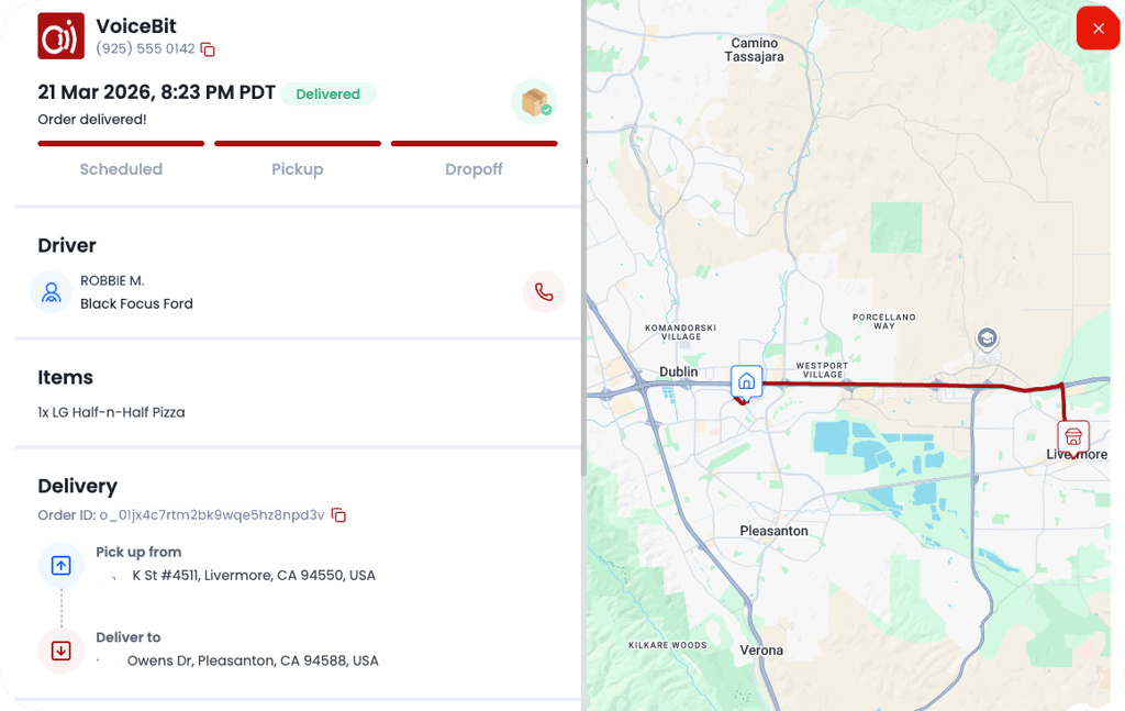 VoiceBit delivery tracking: a delivered order with its driver, items, pickup and drop-off addresses, and the route on a map