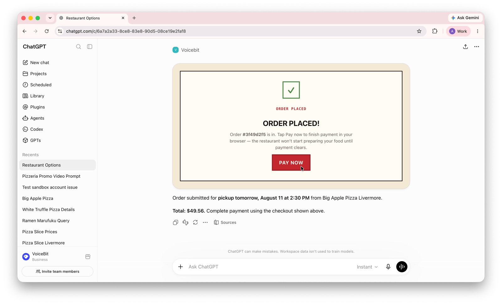 A VoiceBit order confirmation showing an order placed directly with the restaurant for scheduled pickup, with no delivery marketplace involved