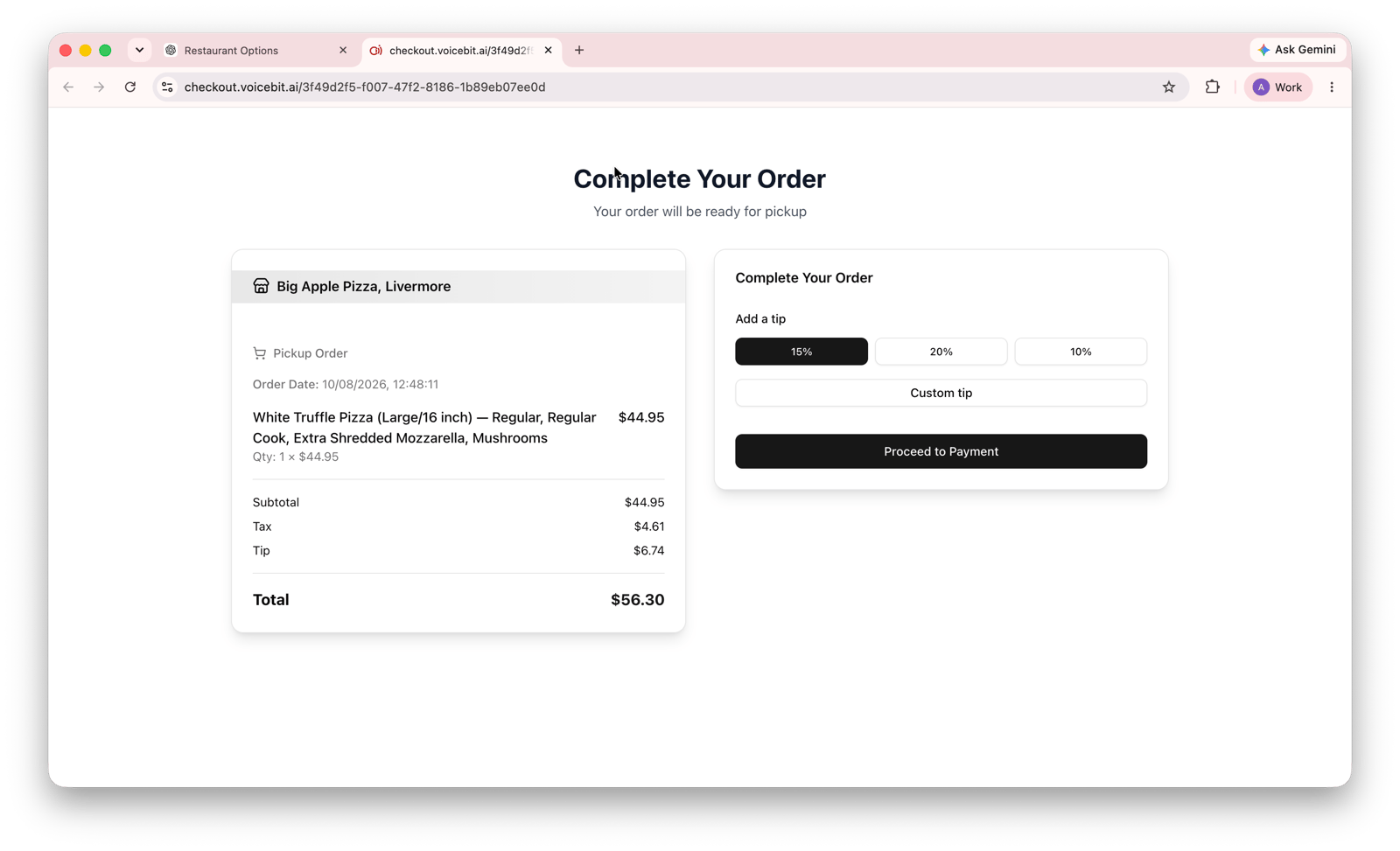 The VoiceBit checkout page for a pickup order, itemized with subtotal, tax, and total, running on the restaurant's own domain