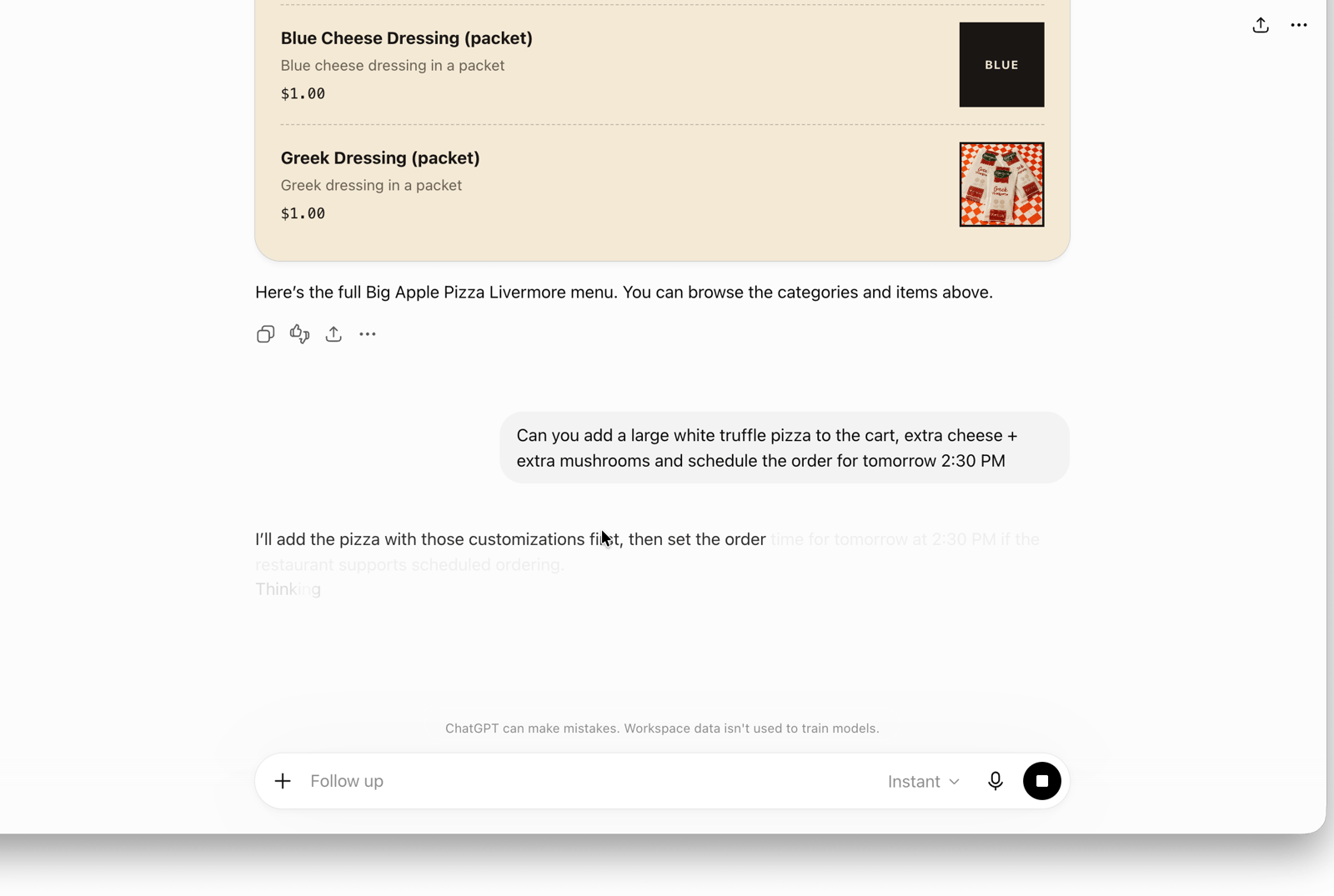 A customer asking VoiceBit inside ChatGPT to add a customized large white truffle pizza to the cart and schedule the order for the next day at 2:30 PM