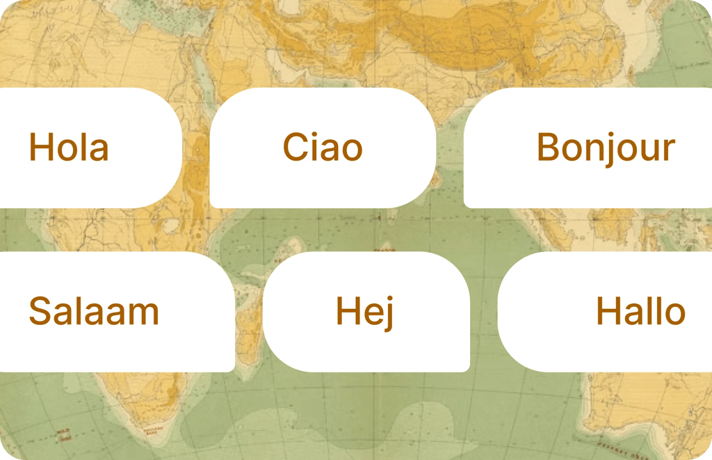 Greetings in Spanish, Italian, French, Arabic, Swedish and German