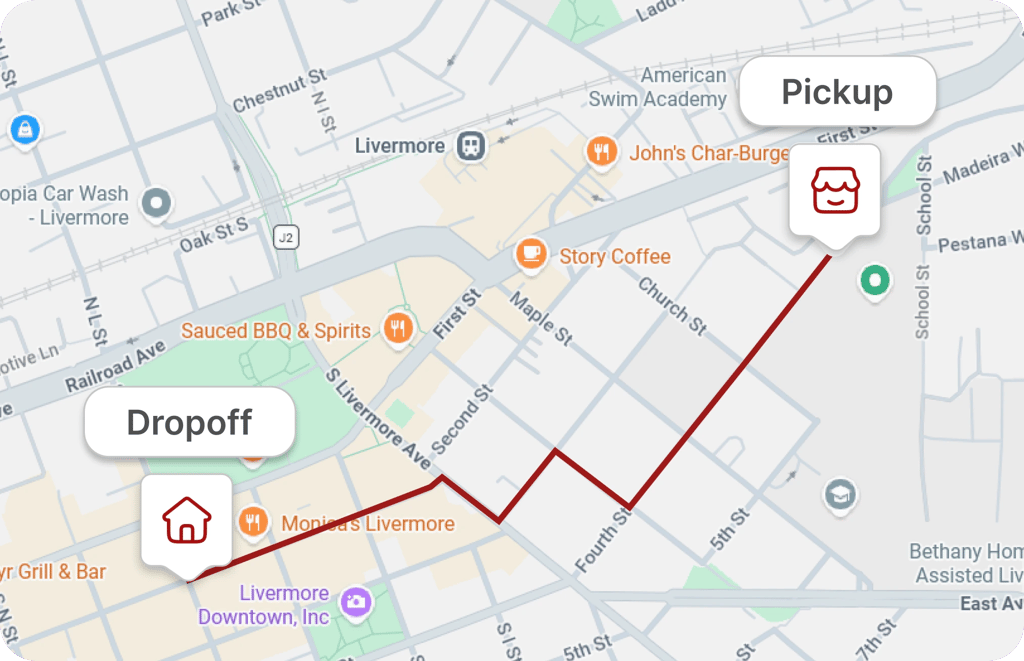 Delivery route on a map from restaurant pickup to customer dropoff