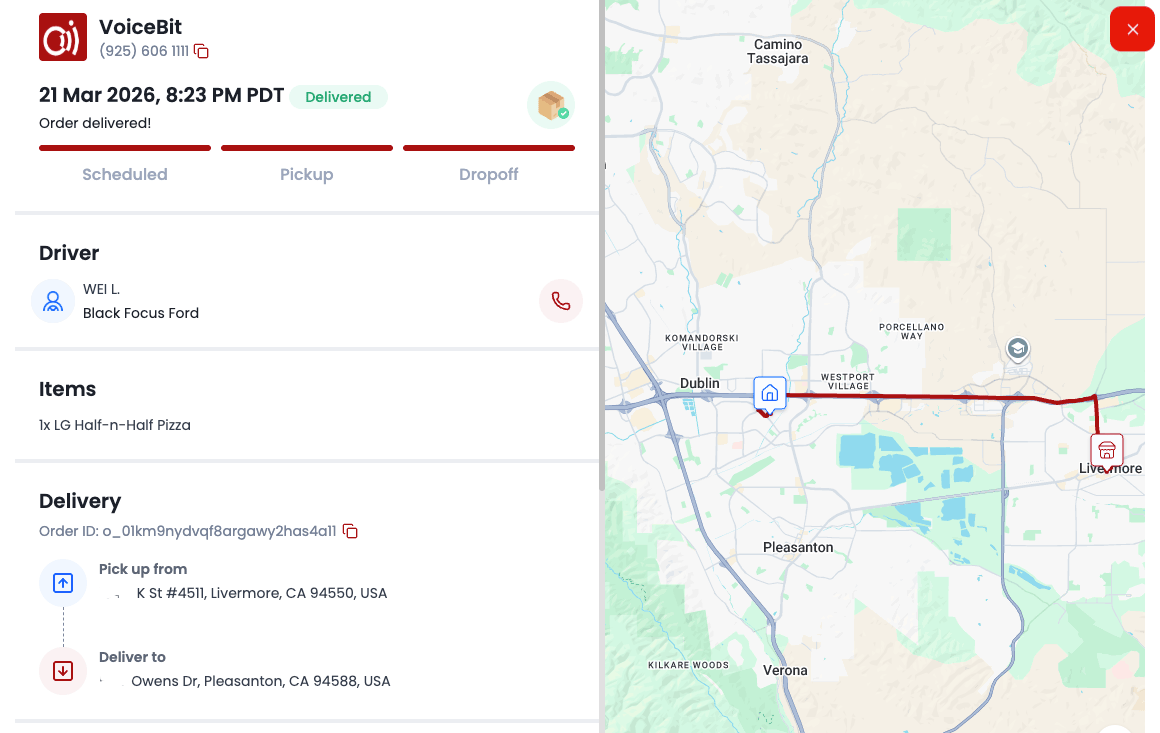 VoiceBit Delivery Tracking — live order tracking with driver info