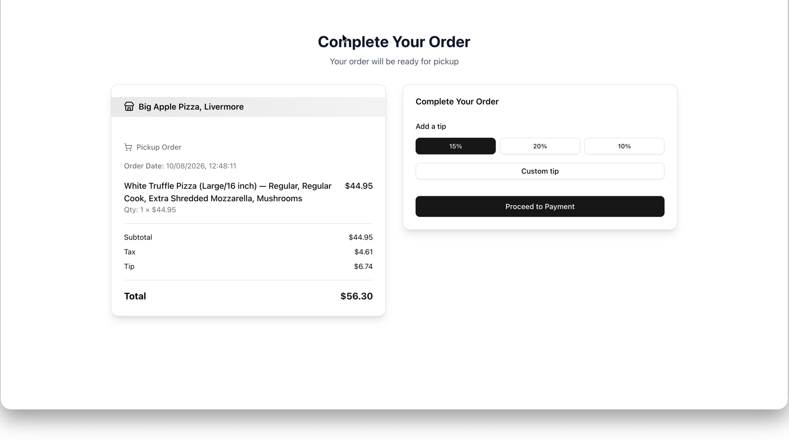 The VoiceBit checkout page for a pickup order, itemized with subtotal, tax, and total, running on the restaurant's own domain