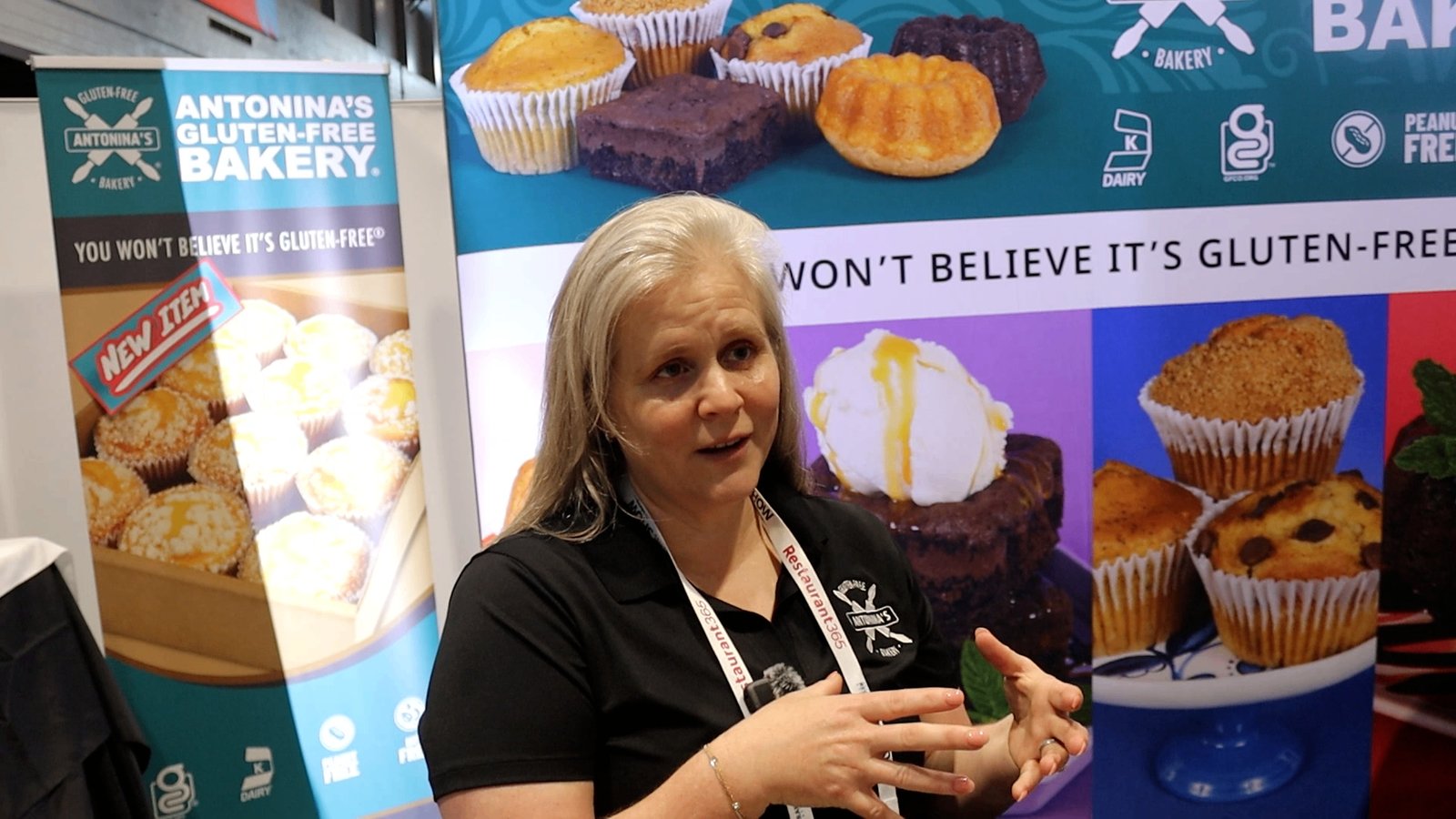 Beth Gordon speaking at the Antonina's Gluten-Free Bakery booth at the National Restaurant Association Show