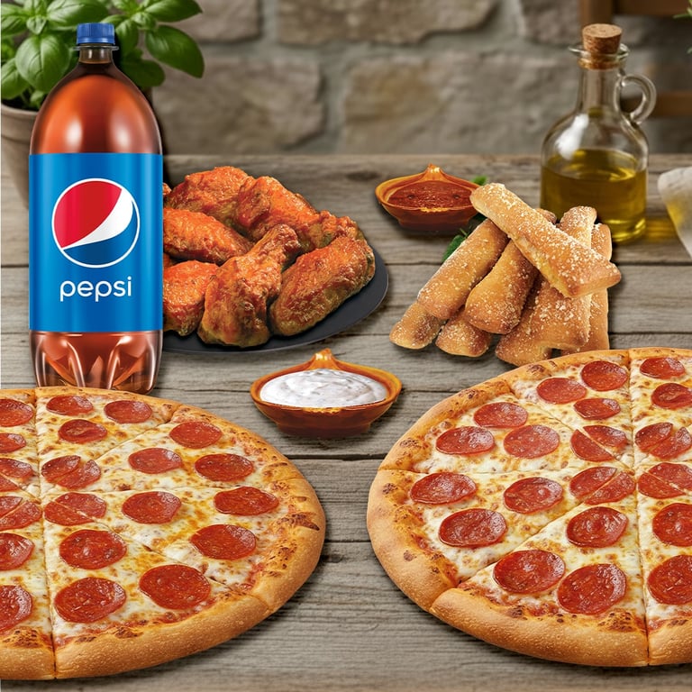 #4 ( 2 )pepperoni pizza / 8 WINGS / BRD STICKS /3 fountain drinks