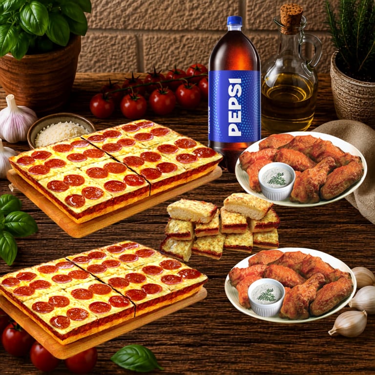 #6 PARTY SPECIAL (2) DEEP pepperoni pizza / 16 WINGS / ITALIAN BRD / ( 1) 2 liters soda