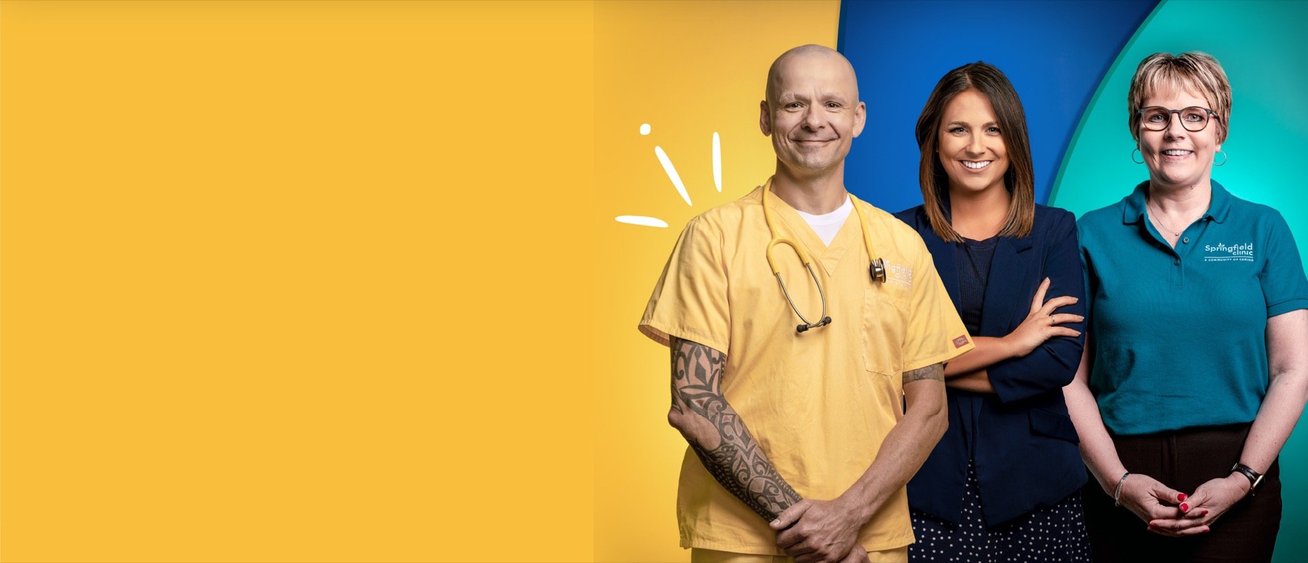 Three Springfield Clinic team members — clinical, professional and support — against bold brand shapes