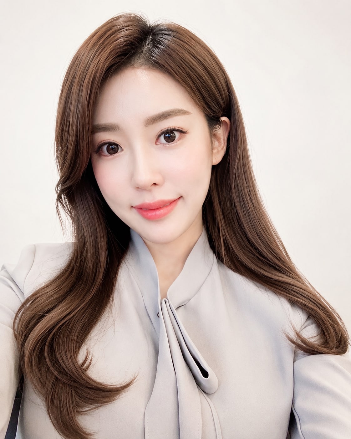 비기닝 아나운서 10/37 — 센터 파트 롱 C컬 · 깨끗한 피부와 코랄 포인트로 밝고 전문적인 방송 이미지를 표현했습니다.