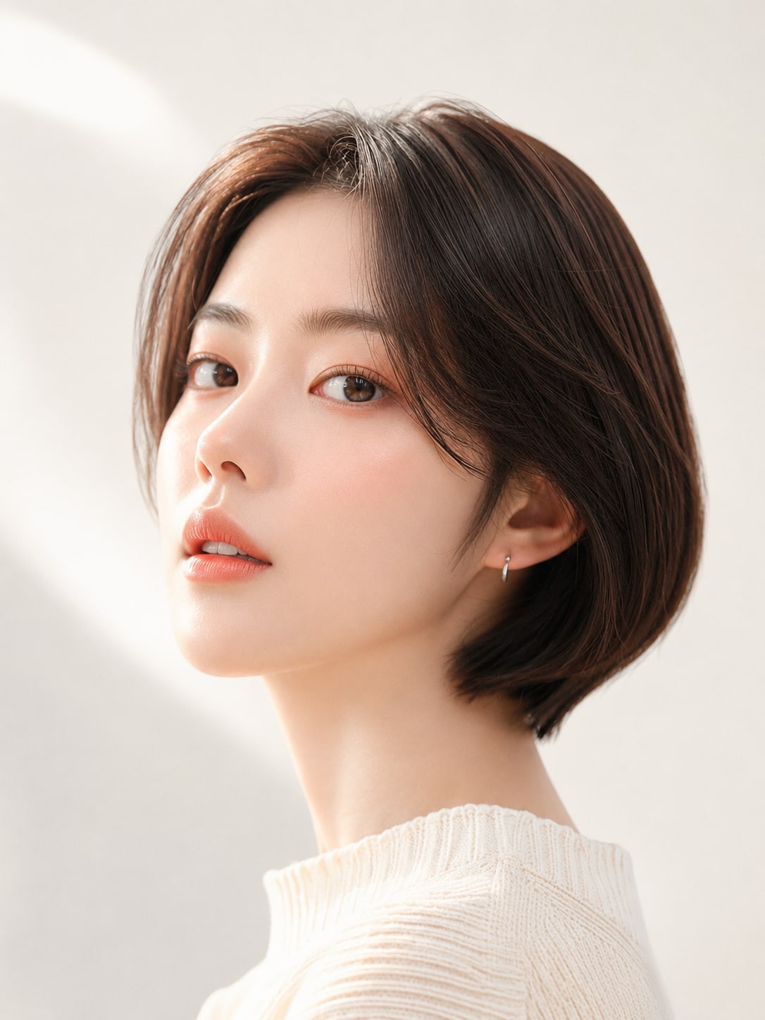 비기닝 아나운서 11/37 — 숏 보브 볼륨 스타일 · 절제된 누드 메이크업으로 지적이고 세련된 인상을 완성했습니다.
