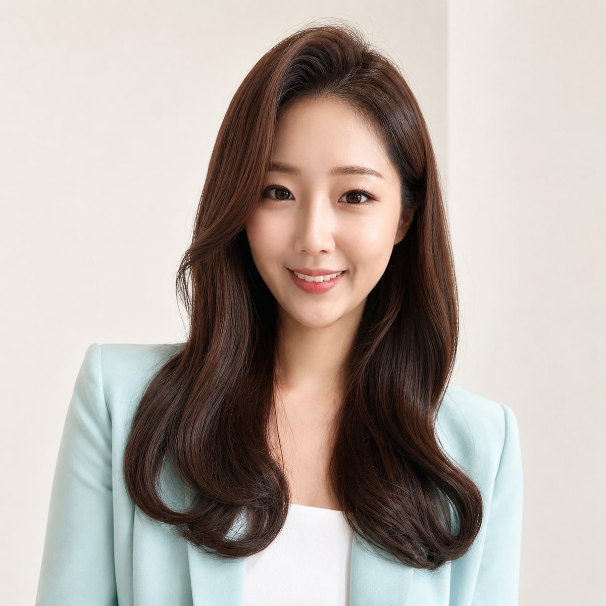 비기닝 아나운서 12/37 — 클래식 롱 C컬 · 부드러운 피치 메이크업으로 단아하고 신뢰감 있는 이미지를 살렸습니다.