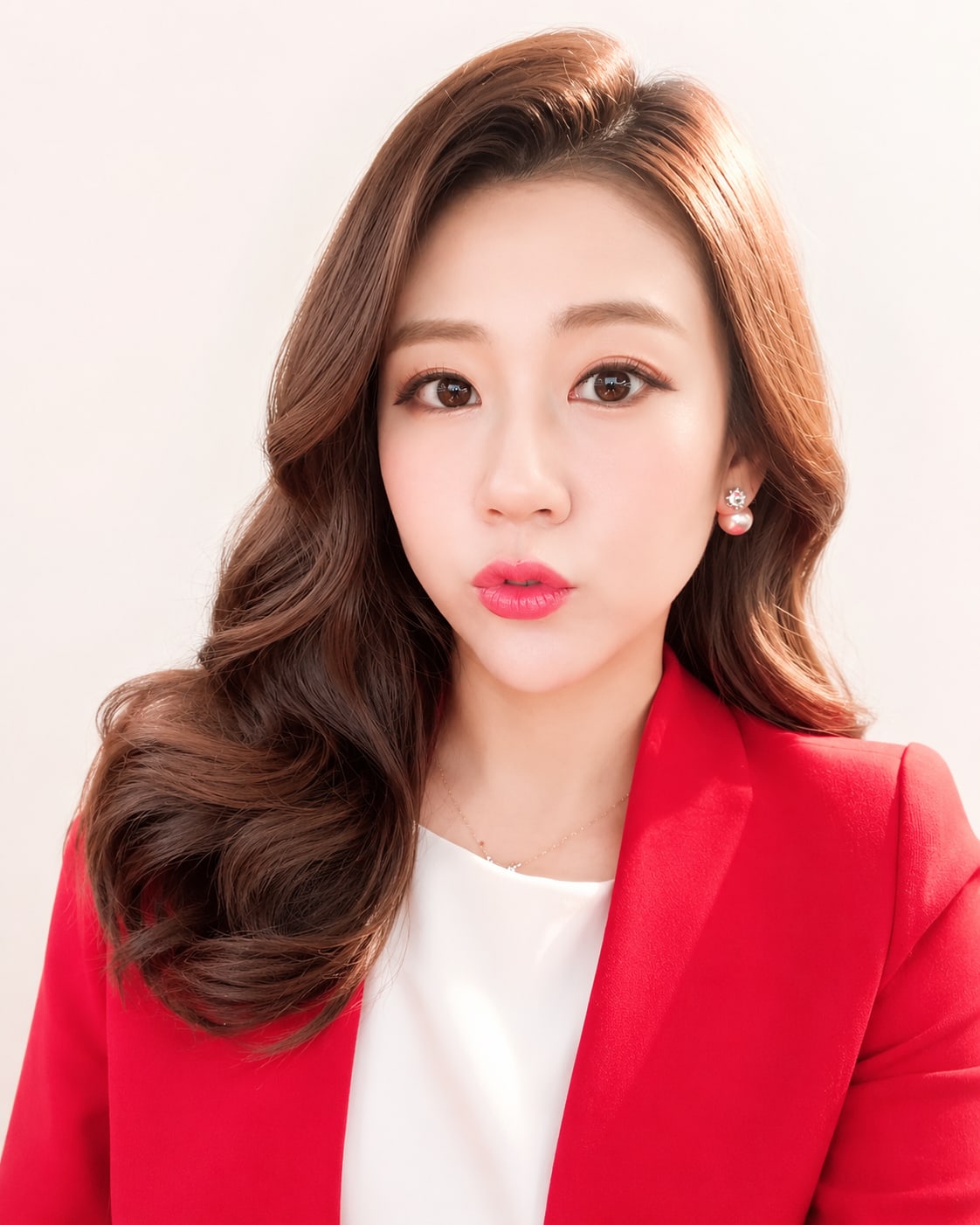 비기닝 아나운서 15/37 — 글램 사이드 웨이브 · 선명한 핑크 립과 입체적인 윤곽으로 자신감 있는 인상을 강조했습니다.