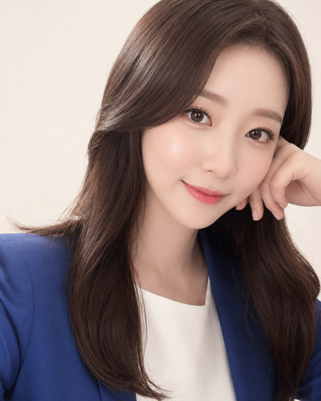 비기닝 아나운서 18/37 — 사이드 레이어드 C컬 · 부드러운 로지 메이크업으로 세련되고 안정적인 방송 이미지를 살렸습니다.