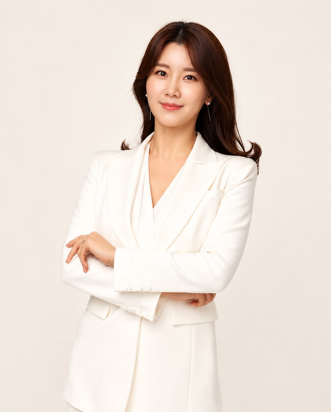 비기닝 아나운서 23/37 — 클래식 롱 웨이브 · 맑은 피부와 자연스러운 코랄 립으로 친근하고 안정적인 인상을 완성했습니다.