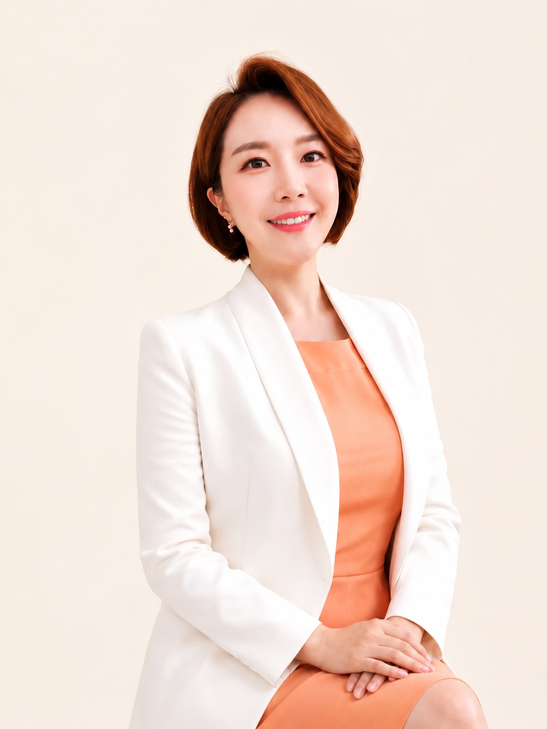 비기닝 아나운서 24/37 — 숏 보브 스타일 · 절제된 피치 메이크업으로 지적이고 단정한 아나운서 이미지를 연출했습니다.