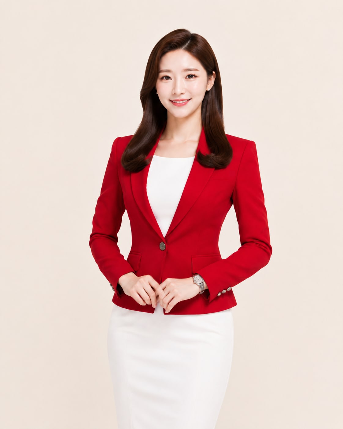 비기닝 아나운서 26/37 — 사이드 파트 롱 웨이브 · 또렷한 눈매와 로지 립으로 세련되고 전문적인 인상을 완성했습니다.