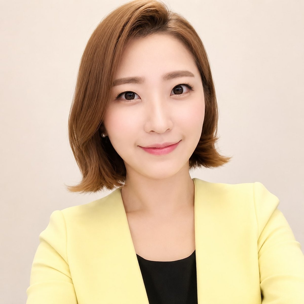 비기닝 아나운서 29/37 — 클린 숏 보브 · 선명한 윤곽과 로즈 메이크업으로 신뢰감 있는 포멀 이미지를 완성했습니다.
