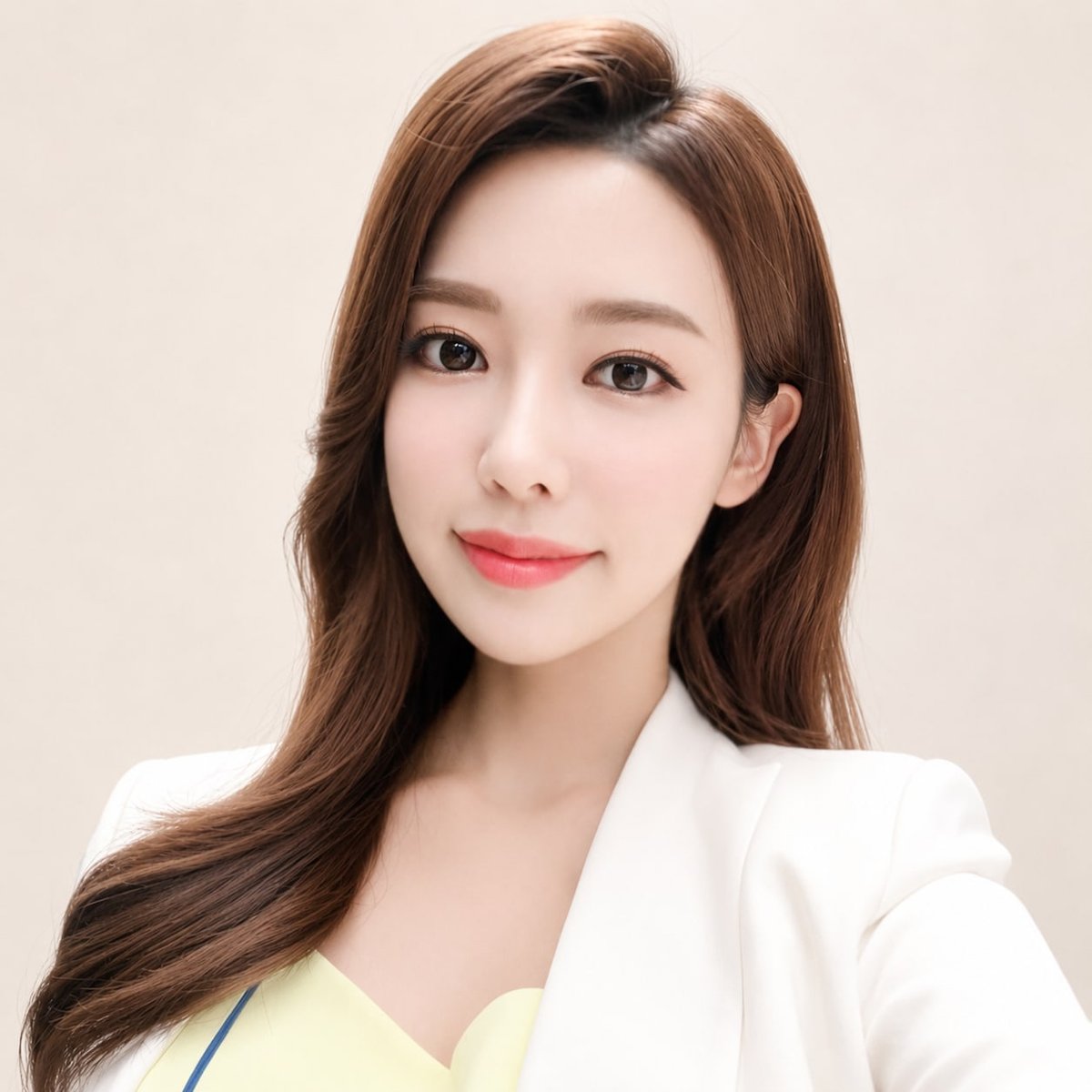 비기닝 아나운서 30/37 — 사이드 파트 롱 헤어 · 은은한 핑크 메이크업으로 우아하고 단정한 방송 이미지를 표현했습니다.