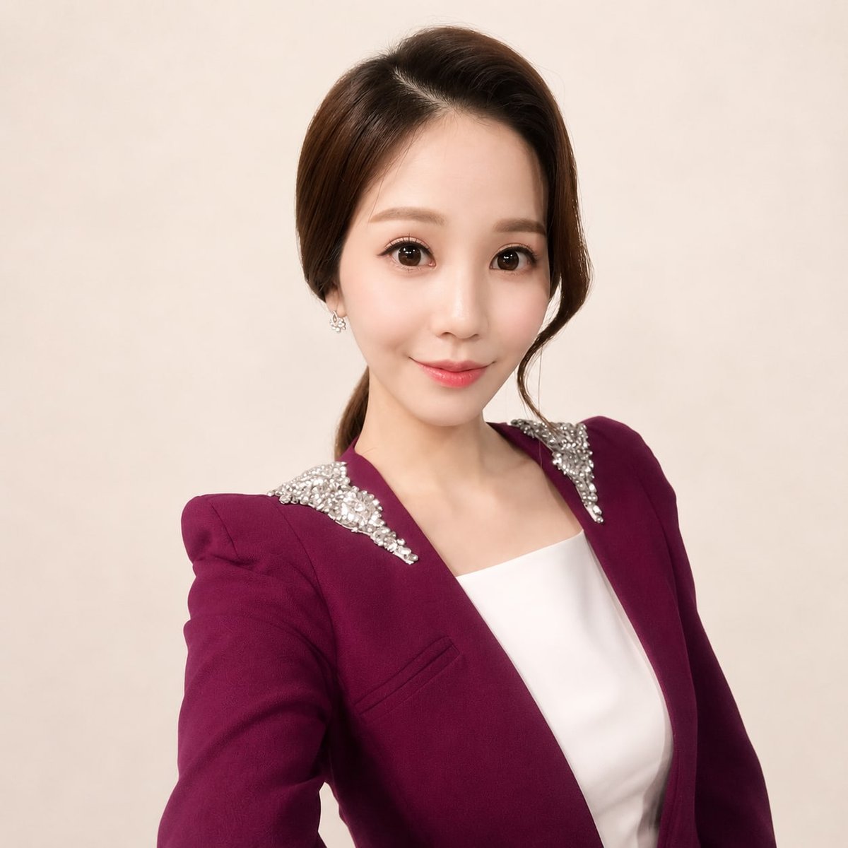 비기닝 아나운서 31/37 — 내추럴 로우 포니테일 · 생기 있는 코랄 립으로 친근하고 세련된 인상을 완성했습니다.