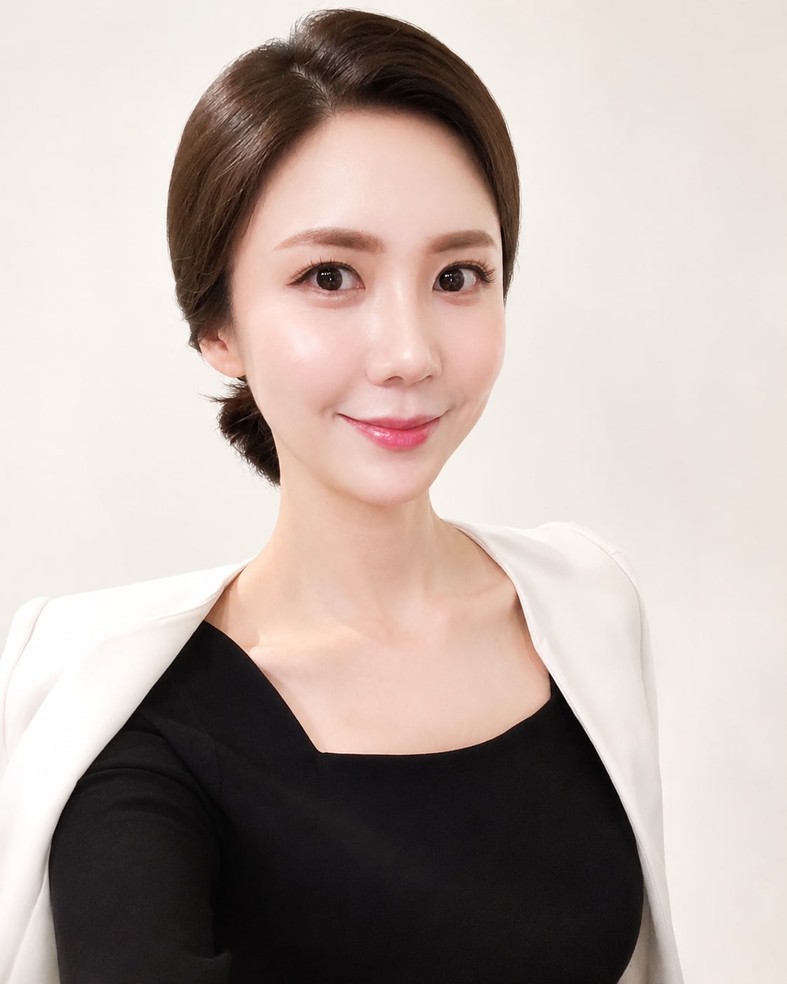 비기닝 아나운서 32/37 — 사이드 로우번 · 맑은 피부와 여린 핑크 메이크업으로 화사하고 부드러운 이미지를 살렸습니다.