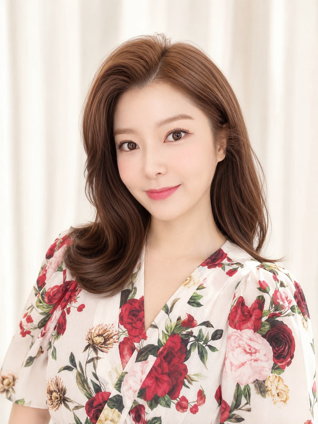 비기닝 아나운서 34/37 — 사이드 파트 미디엄 웨이브 · 깨끗한 피부와 은은한 코랄 메이크업으로 차분한 전문성을 강조했습니다.