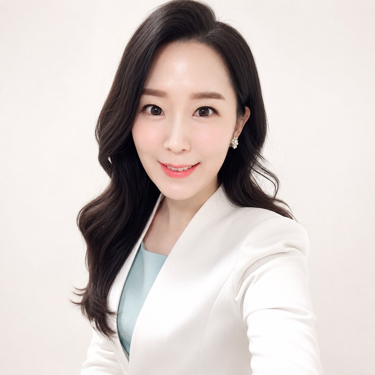 비기닝 아나운서 37/37 — 롱 볼륨 웨이브 · 맑은 피부와 코랄 립으로 밝고 신뢰감 있는 아나운서 룩을 완성했습니다.