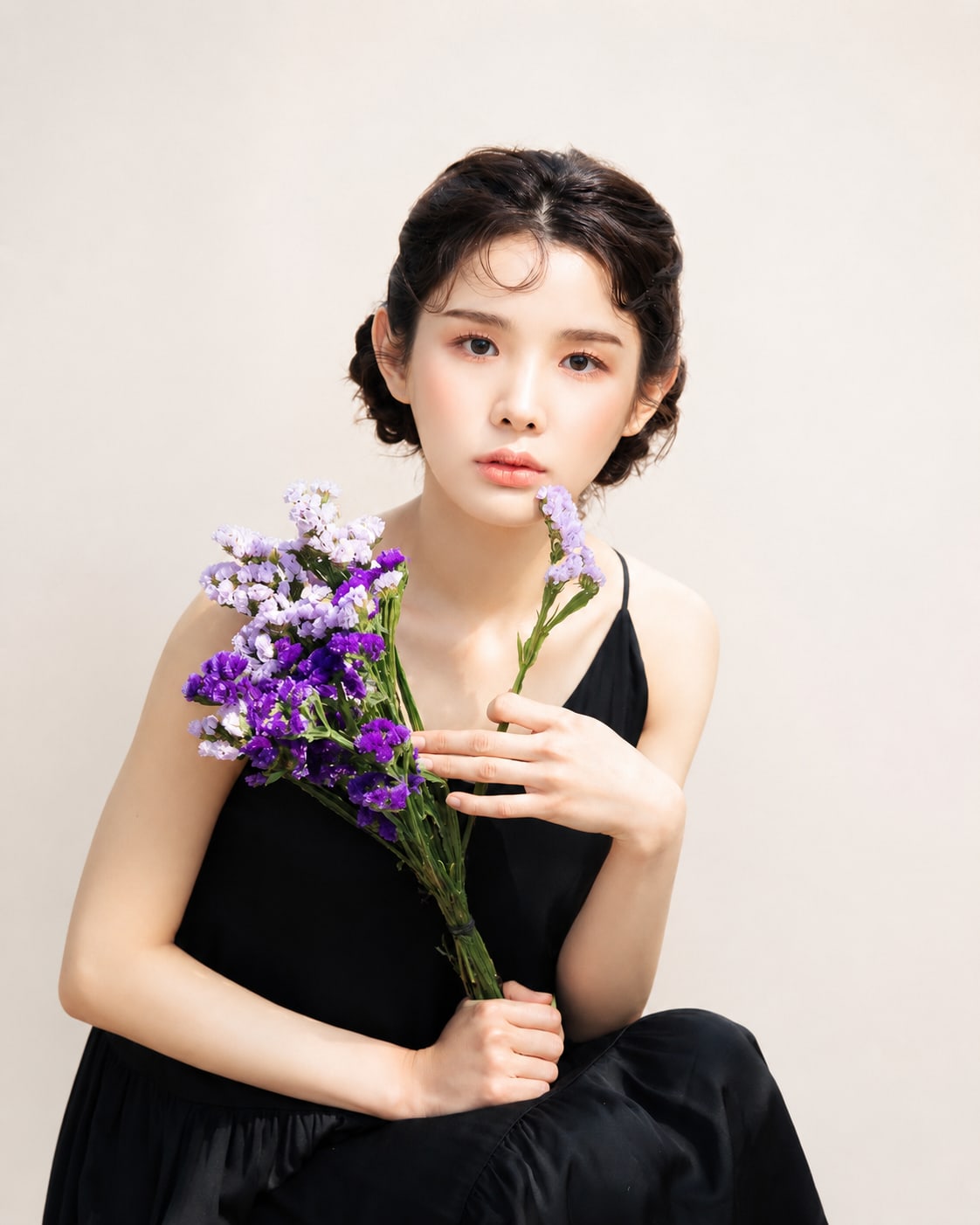 비기닝 에디토리얼 13/27 — 웨트 숏 스타일과 플라워 오브제로 강렬하고 아티스틱한 에디토리얼 무드를 표현했습니다.