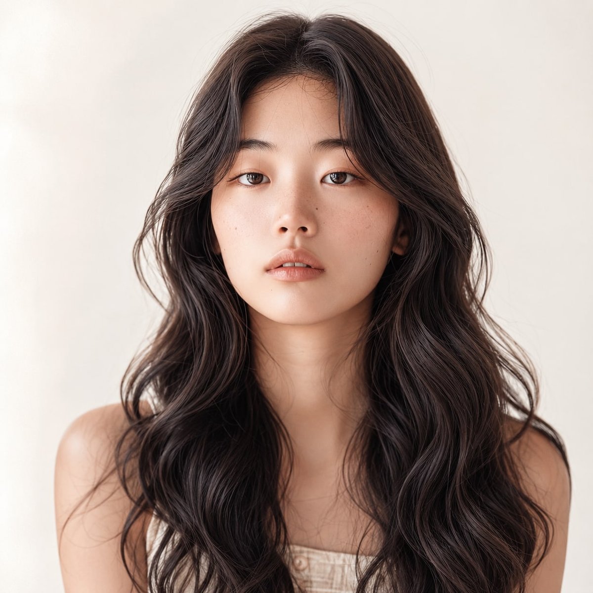 비기닝 에디토리얼 15/27 — 센터 파트 롱 웨이브와 절제된 메이크업으로 차분하고 고급스러운 이미지를 완성했습니다.