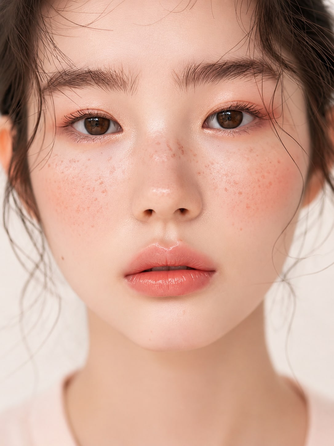 비기닝 에디토리얼 24/27 — 프레클 메이크업과 내추럴 잔머리로 소녀스럽고 아티스틱한 뷰티 무드를 표현했습니다.
