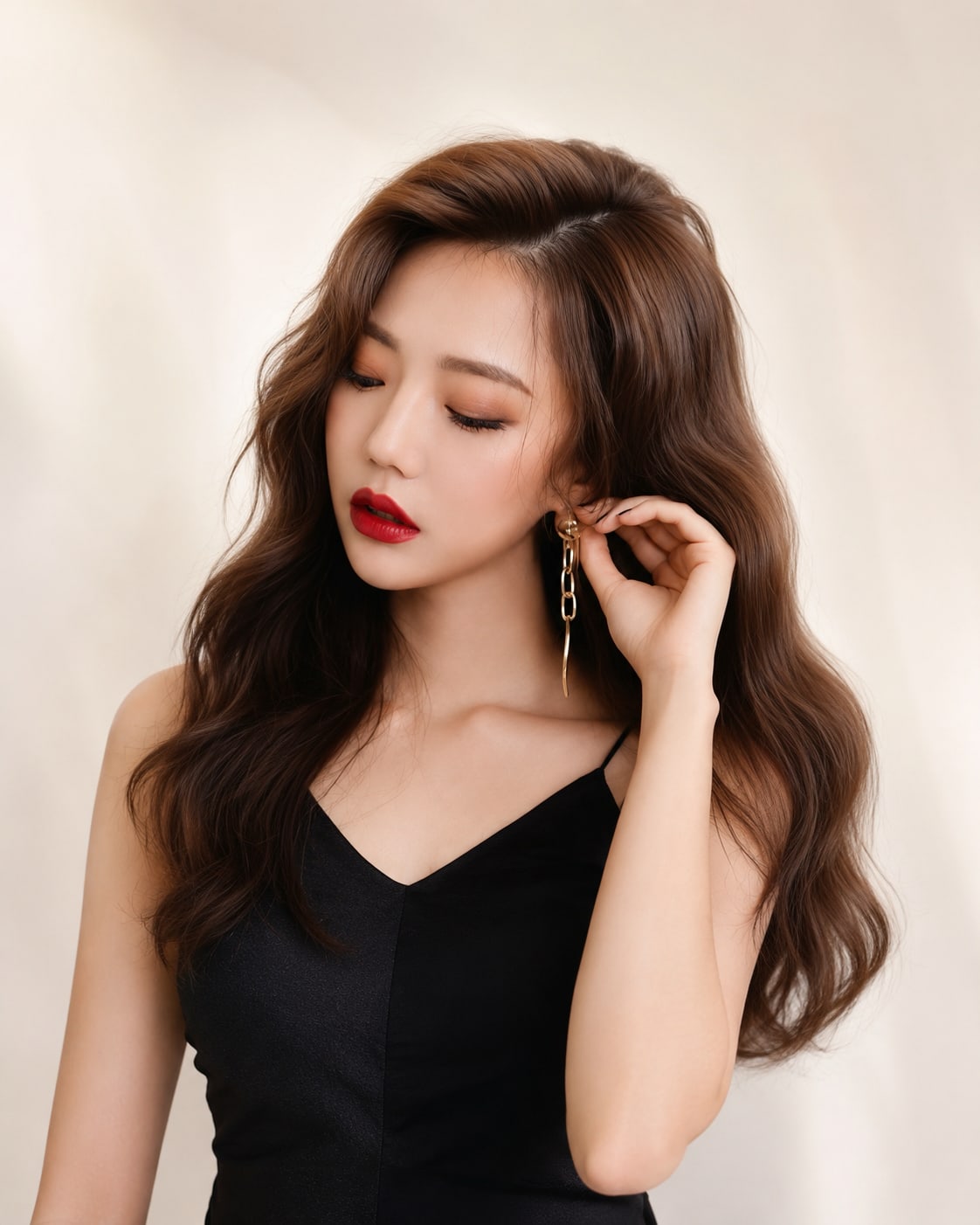 비기닝 에디토리얼 25/27 — 사이드 글램 웨이브와 레드 립으로 우아하고 고혹적인 화보 이미지를 완성했습니다.