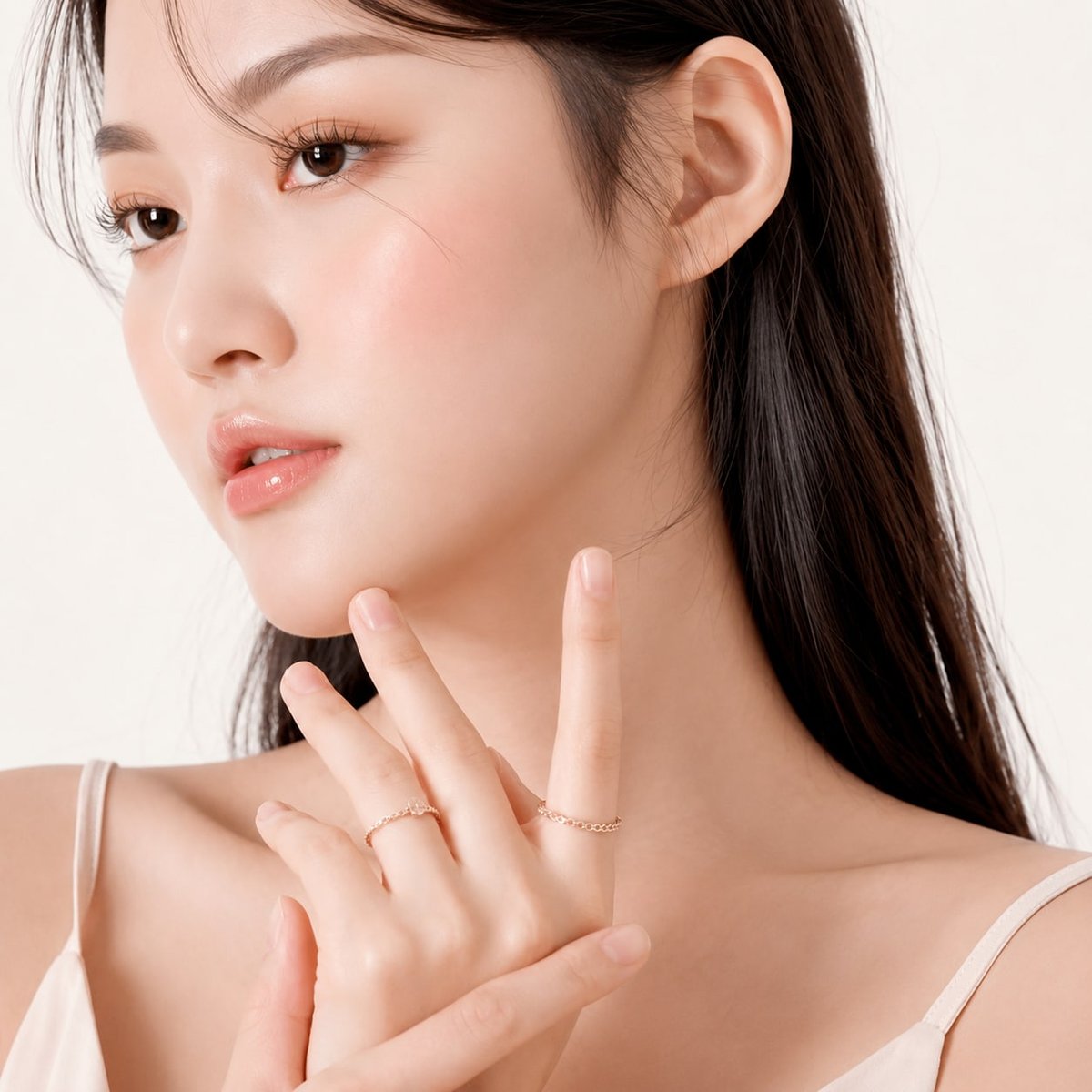 비기닝 프로필 07/63 — 클린 롱 스트레이트 · 촉촉한 피치 글로우 피부로 투명하고 섬세한 뷰티 컷을 완성했습니다.
