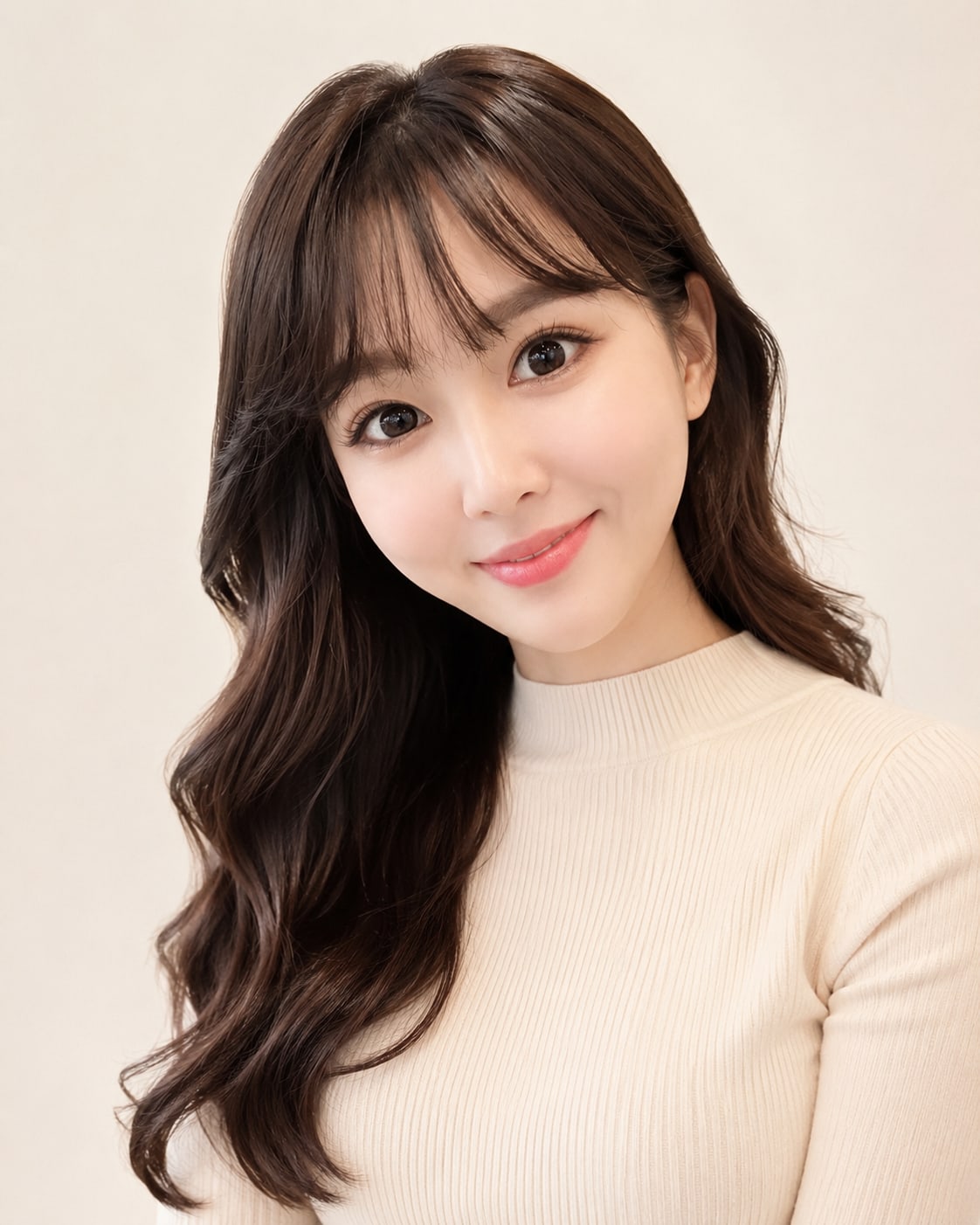 비기닝 프로필 14/63 — 시스루뱅 롱 웨이브 · 피치 핑크 메이크업으로 사랑스럽고 밝은 인상을 표현했습니다.