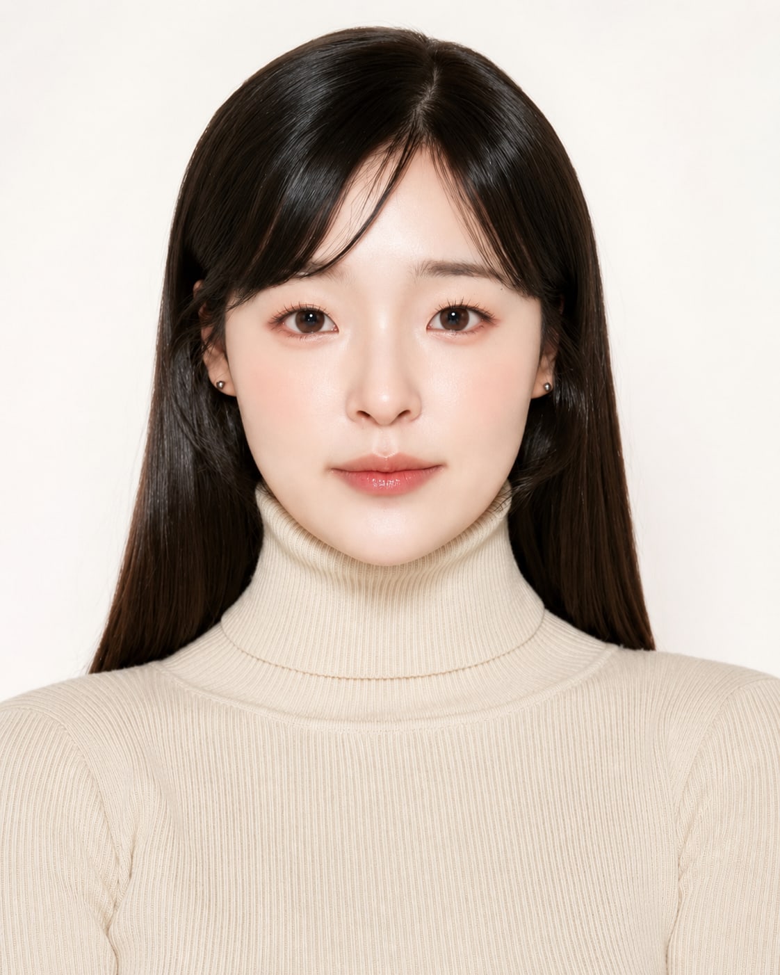 비기닝 프로필 17/63 — 센터 파트 롱 스트레이트 · 맑고 절제된 메이크업으로 깨끗한 기본 프로필을 완성했습니다.