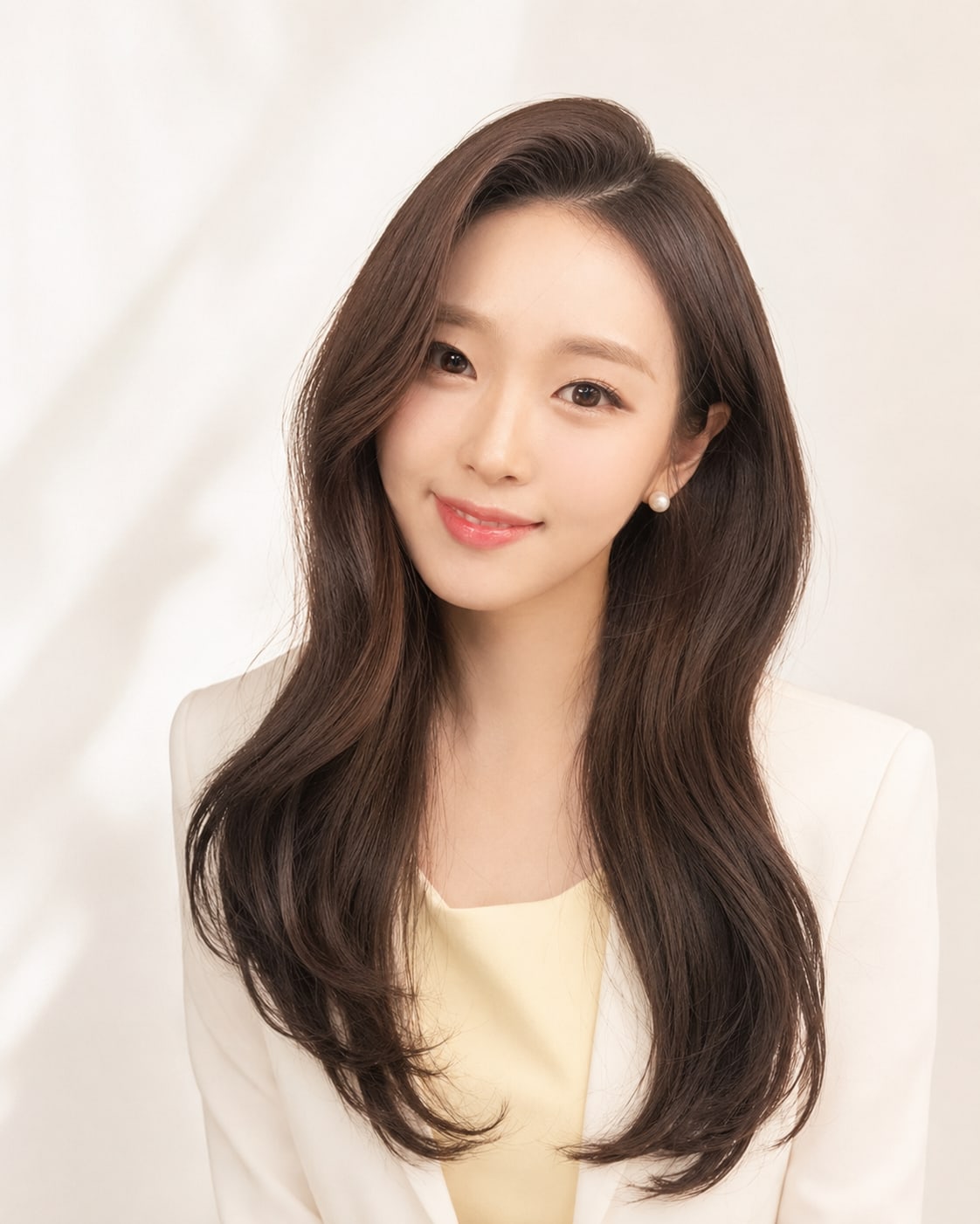 비기닝 프로필 18/63 — 사이드 롱 C컬 · 피치 베이지 메이크업으로 부드럽고 신뢰감 있는 인상을 살렸습니다.