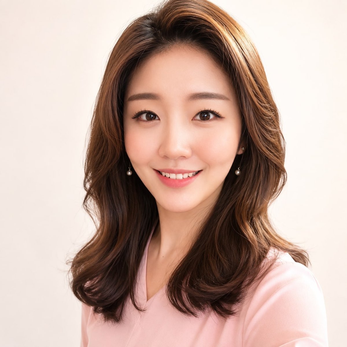 비기닝 프로필 19/63 — 볼륨 미디엄 웨이브 · 생기 있는 코랄 메이크업으로 밝고 친근한 분위기를 표현했습니다.
