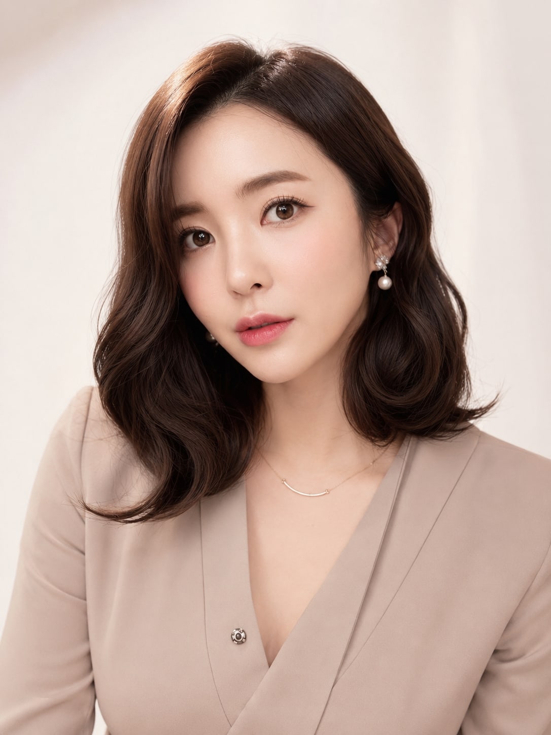 비기닝 프로필 20/63 — 클래식 보브 웨이브 · 로지 브라운 메이크업으로 우아하고 성숙한 이미지를 완성했습니다.
